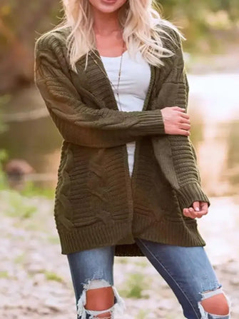 Cable-Knit Open Front Long Sleeve Cardigan Army Green Woman Outerwear