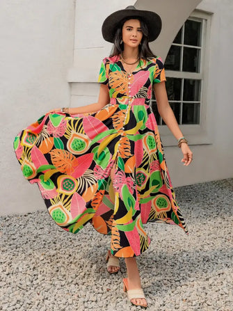 Tropical Print V-Neck Short Sleeve Midi Dress Multicolor Casual Dresses