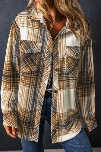 Plaid Button Up Long Sleeve Shacket Coffee Brown Woman Outerwear