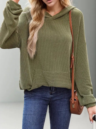 Double Take Textured Kangaroo Pocket Long Sleeve Hoodie Army Green Woman Sweatshirts