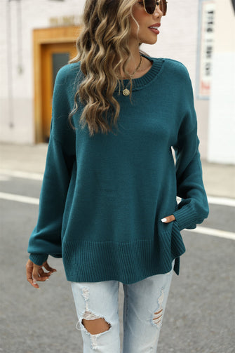 Angel Wings Round Neck Dropped Shoulder Slit Sweater Turquoise