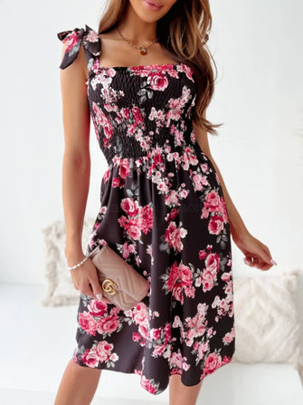 Floral Smocked Bodice Tie Shoulder Summer Dress Black
