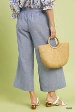 Umgee linen blend striped wide leg pants in blue and white vertical stripes with a high waist and linen blend fabric