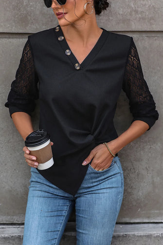 Perfee Twisted Decorative Button Long Sleeve T-Shirt Black