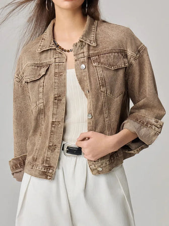 Pocketed Collared Neck Denim Jacket Camel