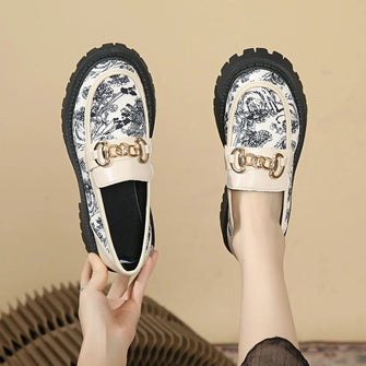Round Toe Block Heels Loafers White Woman Loafers