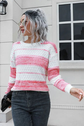 Two-Tone Slit Sweater Pink Sweater Pullovers