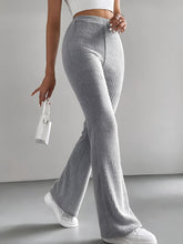 Gray ribbed knit high waist flare pants with ribbed knit fabric and flared leg design for stylish comfort