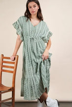 VERY J Embroidered Boho Ruffled Midi Dress Sage Casual Dresses