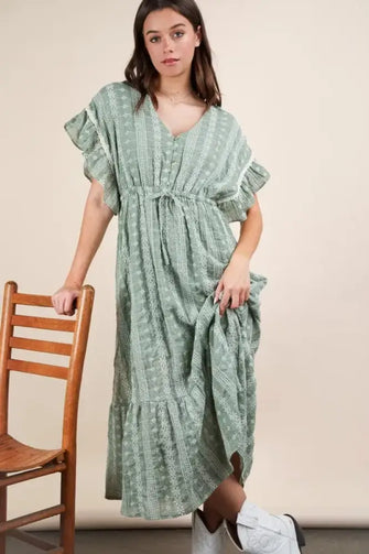 VERY J Embroidered Boho Ruffled Midi Dress Sage Casual Dresses