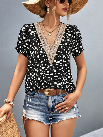Animal Print V-Neck Petal Sleeve Blouse Black