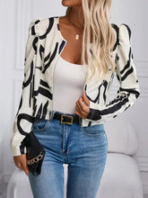 White and black abstract print blazer jacket with puffed sleeves