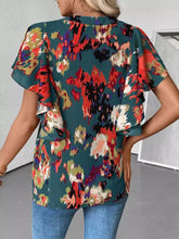 Teal floral print abstract print ruffle sleeve blouse with short flutter sleeves and a ruffled hem for women