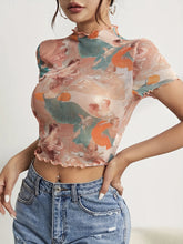 Abstract Print Ruffled Mesh Crop Top with Mock Neck