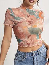Abstract Print Ruffled Mesh Crop Top with Mock Neck