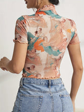 Abstract Print Ruffled Mesh Crop Top with Mock Neck