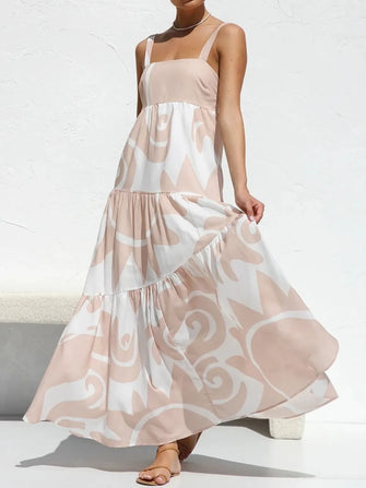 Abstract Print Tiered Maxi Dress in Polyester Eggshell