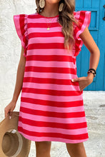 Contrast Striped Round Neck Cap Sleeve Mini Dress Strawberry