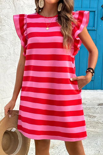 Contrast Striped Round Neck Cap Sleeve Mini Dress Strawberry