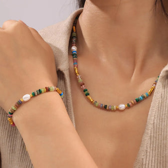 Bohemian Natural Stone Pearl Beaded Jewelry Set Multicolor One Size