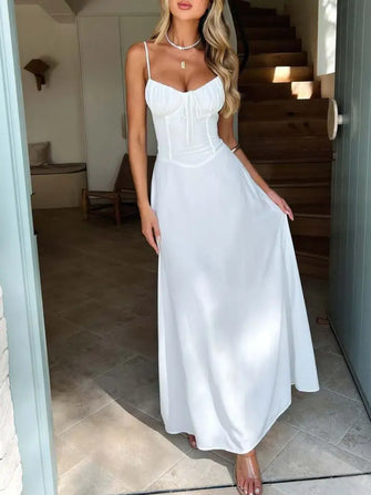 Lace-Up Solid Cami Dress White Woman Casual Dress