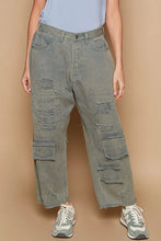 Pol distressed raw hem wide leg pants in distressed gray premium cotton denim with ripped patches and cargo pockets