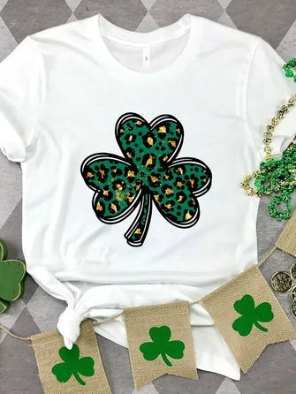 Lucky Clover Round Neck Short Sleeve T-Shirt White