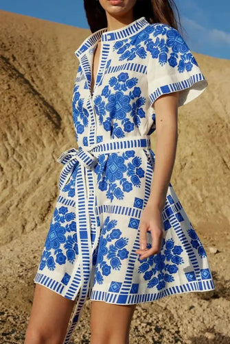 Printed Tie Waist Short Sleeve Dress Blue Casual Dresses