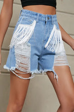 Fringe Trim Distressed Denim Shorts with Pockets Denim Shorts