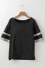 Acid Washed Black Cotton T Shirt with Stripes and Cuffed Sleeves