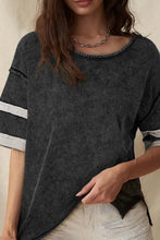 Acid Washed Black Cotton T Shirt with Stripes and Cuffed Sleeves