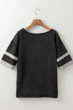 Acid Washed Black Cotton T Shirt with Stripes and Cuffed Sleeves