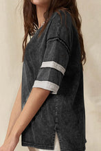 Acid Washed Black Cotton T Shirt with Stripes and Cuffed Sleeves
