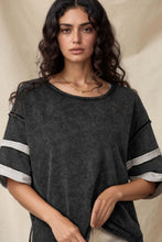 Acid Washed Black Cotton T Shirt with Stripes and Cuffed Sleeves Black