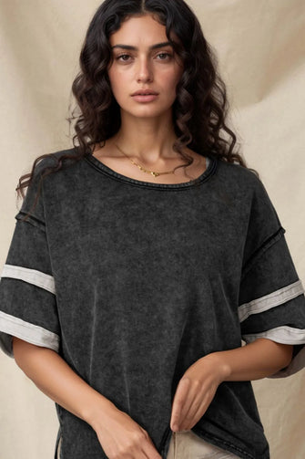 Acid Washed Black Cotton T Shirt with Stripes and Cuffed Sleeves Black