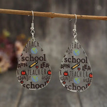 Teardrop shape earrings with school theme globes apples pencils
