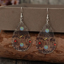 Acrylic letter teardrop shape earrings with teacher motifs like pencils and apples