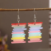Colorful acrylic rainbow dangle earrings, spool-shaped striped jewelry