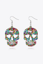 Colorful acrylic skull drop earrings with heart eye sockets