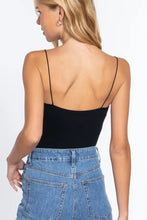 Black ribbed round neck seamless cami bodysuit with fitted bodice and smooth stretchy fabric in ribbed round design