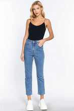 High-waisted blue denim jeans with straight-leg and cropped hem paired with active basic ribbed round neck seamless cami bodysuit