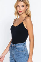 Black ribbed round neck seamless camisole bodysuit with spaghetti straps in a ribbed round neck design