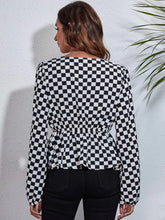 Checkered V-Neck Balloon Sleeve Peplum Blouse Woman Blouses