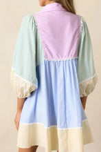 Striped Patchwork Ric Rac Puff Sleeve Collared Mini Dress Casual Dresses