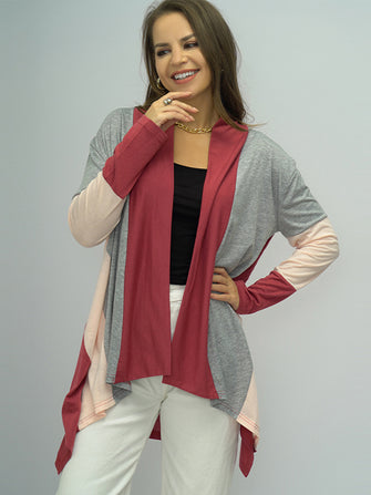 Shiny Color Block Open Front Cardigan Red Orange