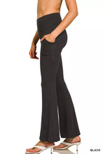 Black high-waisted flare pants with side pocket made of brushed dty microfiber from zenana
