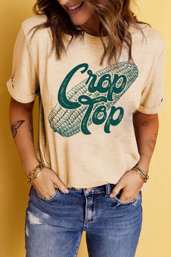 Corn Letter Graphic Cuffed Tee Sand