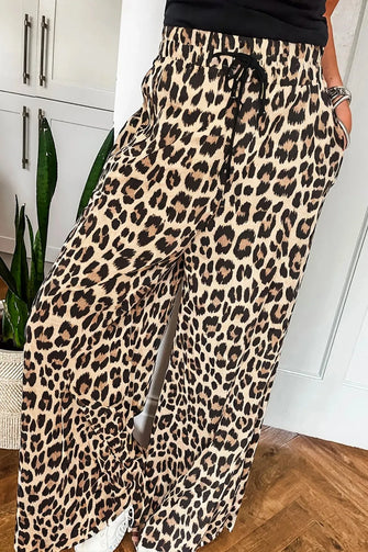 Parchment Leopard Drawstring Flowy Wide Leg Pants Leopard