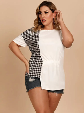 Plus Size Gingham Color Block Asymmetrical T-Shirt White Woman T Shirts