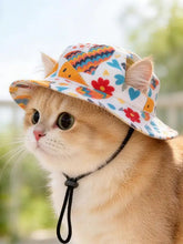Colorful pet bucket hat with chin strap, orange fish and hearts
